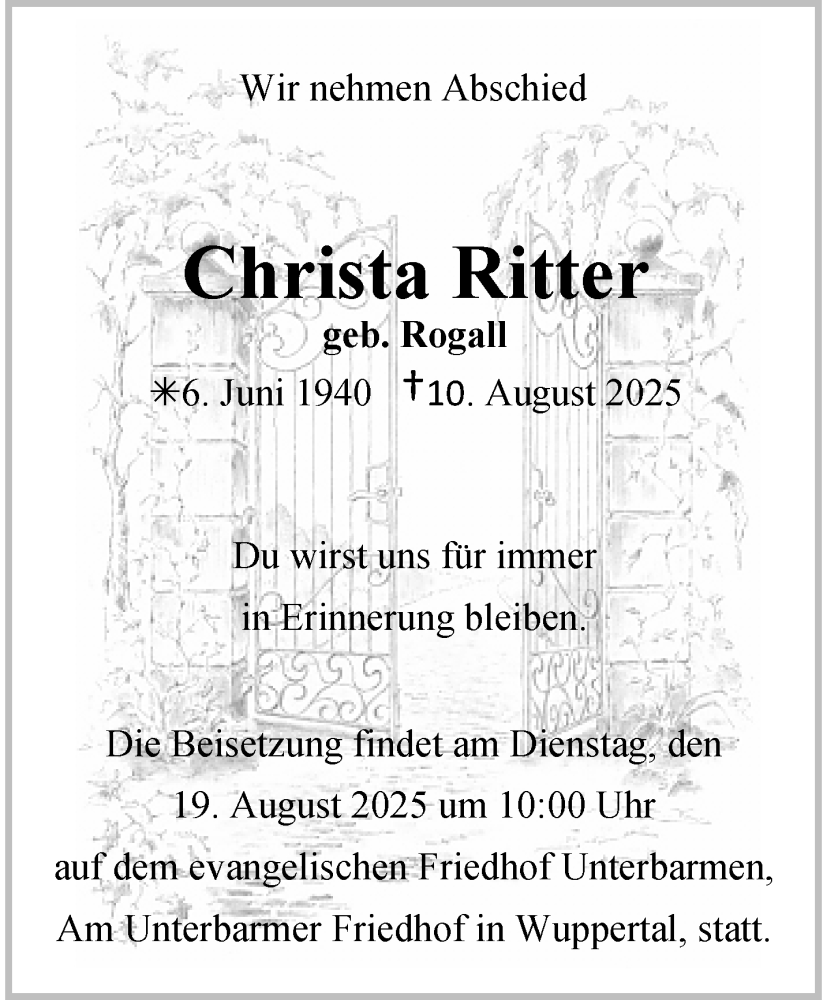  Traueranzeige für Christa Ritter vom 16.08.2025 aus trauer.wuppertaler-rundschau.de
