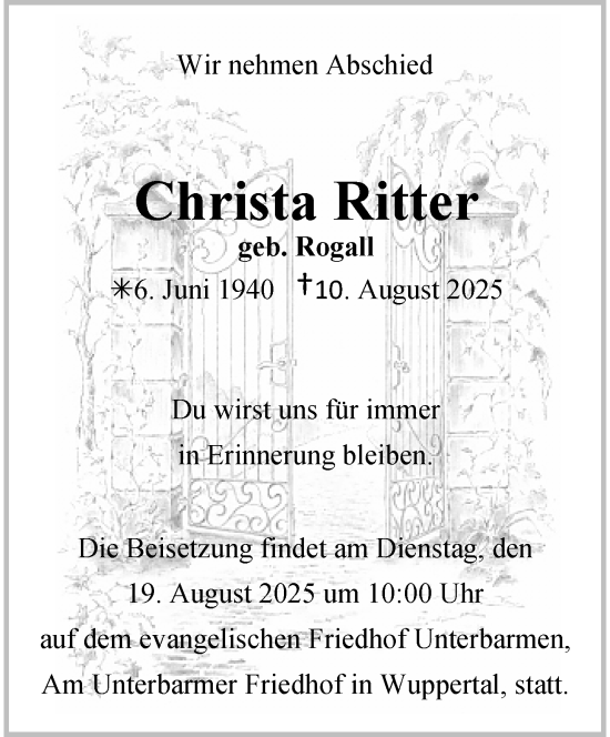 Traueranzeige von Christa Ritter von trauer.wuppertaler-rundschau.de