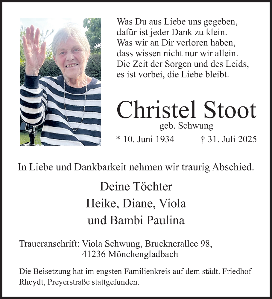  Traueranzeige für Christel Stoot vom 10.08.2025 aus trauer.extra-tipp-moenchengladbach.de