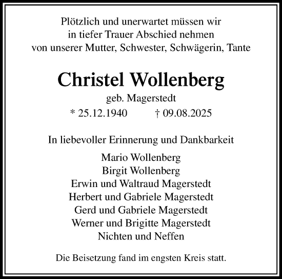 Traueranzeige von Christel Wollenberg von trauer.extra-tipp-moenchengladbach.de
