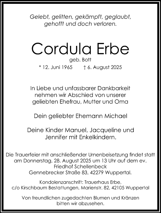 Traueranzeige von Cordula Erbe von trauer.wuppertaler-rundschau.de