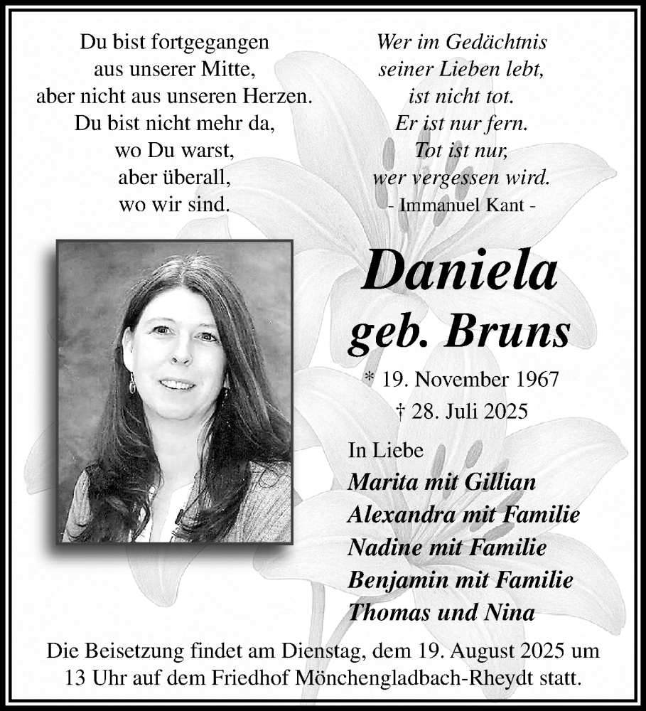  Traueranzeige für Daniela  vom 10.08.2025 aus trauer.extra-tipp-moenchengladbach.de