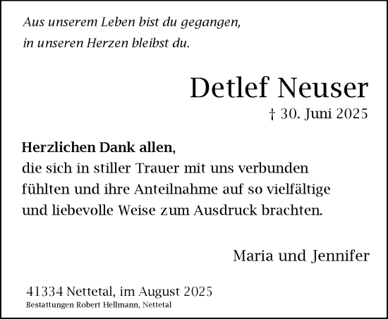 Traueranzeige von Detlef Neuser von trauer.extra-tipp-moenchengladbach.de