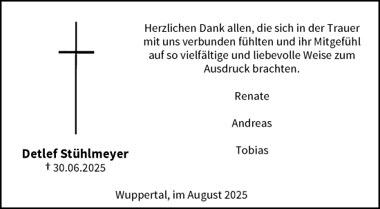 Traueranzeige von Detlef Stühlmeyer von trauer.wuppertaler-rundschau.de