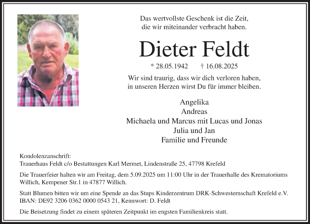  Traueranzeige für Dieter Feldt vom 24.08.2025 aus trauer.extra-tipp-moenchengladbach.de