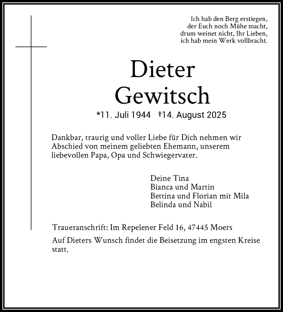  Traueranzeige für Dieter Gewitsch vom 24.08.2025 aus trauer.extra-tipp-moenchengladbach.de