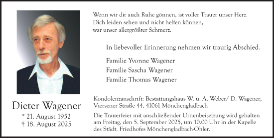 Traueranzeige von Dieter Wagener von trauer.extra-tipp-moenchengladbach.de