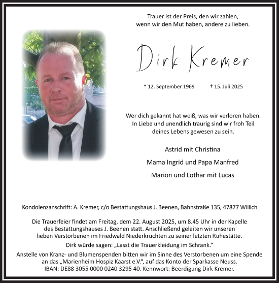 Traueranzeige von Dirk Kremer von trauer.extra-tipp-moenchengladbach.de