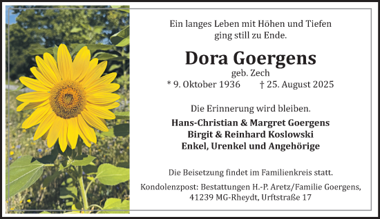 Traueranzeige von Dora Goergens von trauer.extra-tipp-moenchengladbach.de