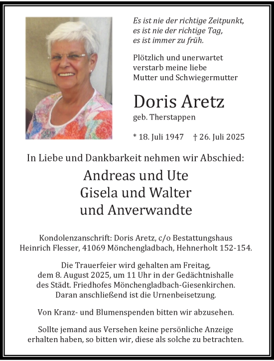 Traueranzeige von Doris Aretz von trauer.extra-tipp-moenchengladbach.de