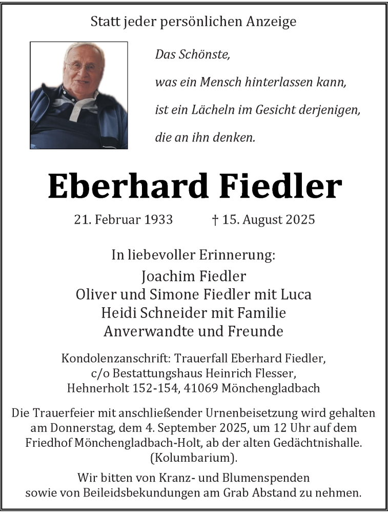 Traueranzeige für Eberhard Fiedler vom 31.08.2025 aus trauer.extra-tipp-moenchengladbach.de