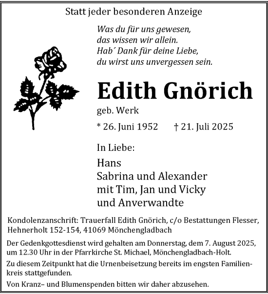Traueranzeige von Edith Gnörich von trauer.extra-tipp-moenchengladbach.de