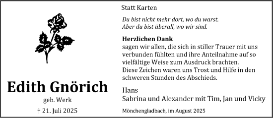 Traueranzeige von Edith Gnörich von trauer.extra-tipp-moenchengladbach.de