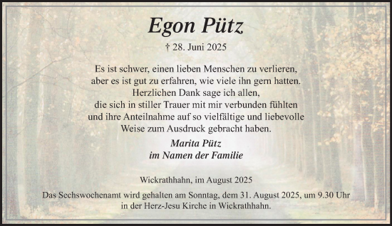 Traueranzeige von Egon Pütz von trauer.extra-tipp-moenchengladbach.de