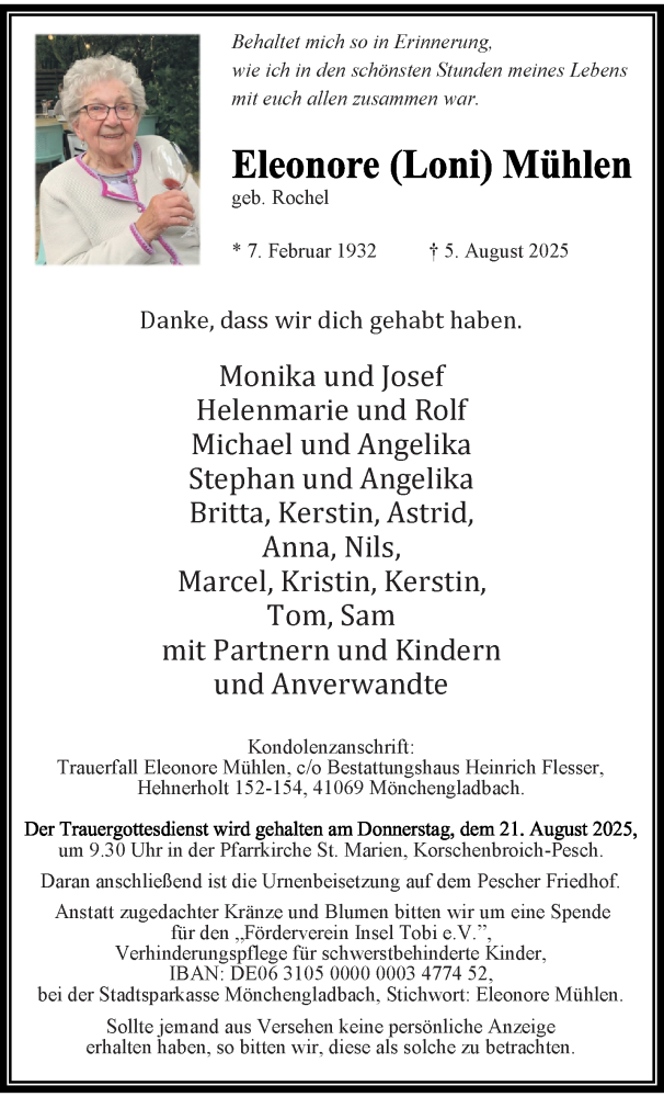  Traueranzeige für Eleonore Mühlen vom 17.08.2025 aus trauer.extra-tipp-moenchengladbach.de