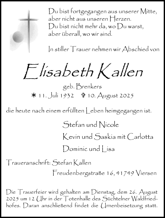 Traueranzeige von Elisabeth Kallen von trauer.extra-tipp-moenchengladbach.de