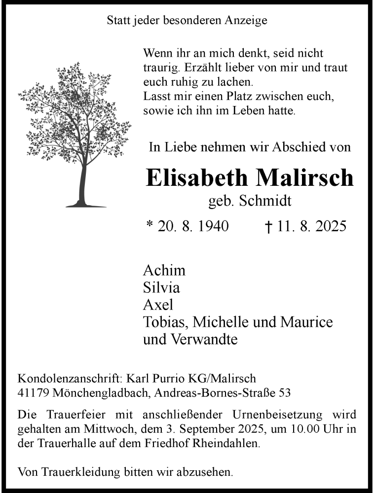  Traueranzeige für Elisabeth Malirsch vom 24.08.2025 aus trauer.extra-tipp-moenchengladbach.de