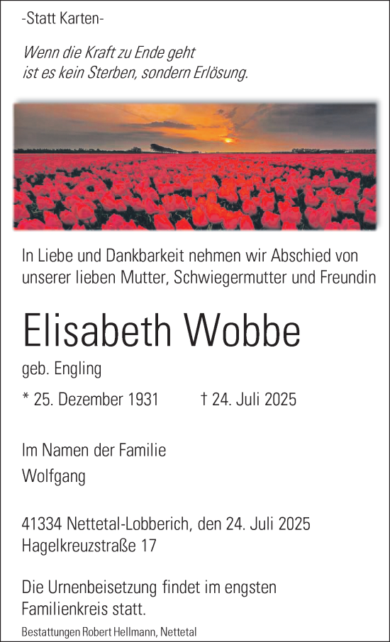 Traueranzeige von Elisabeth Wobbe von trauer.extra-tipp-moenchengladbach.de
