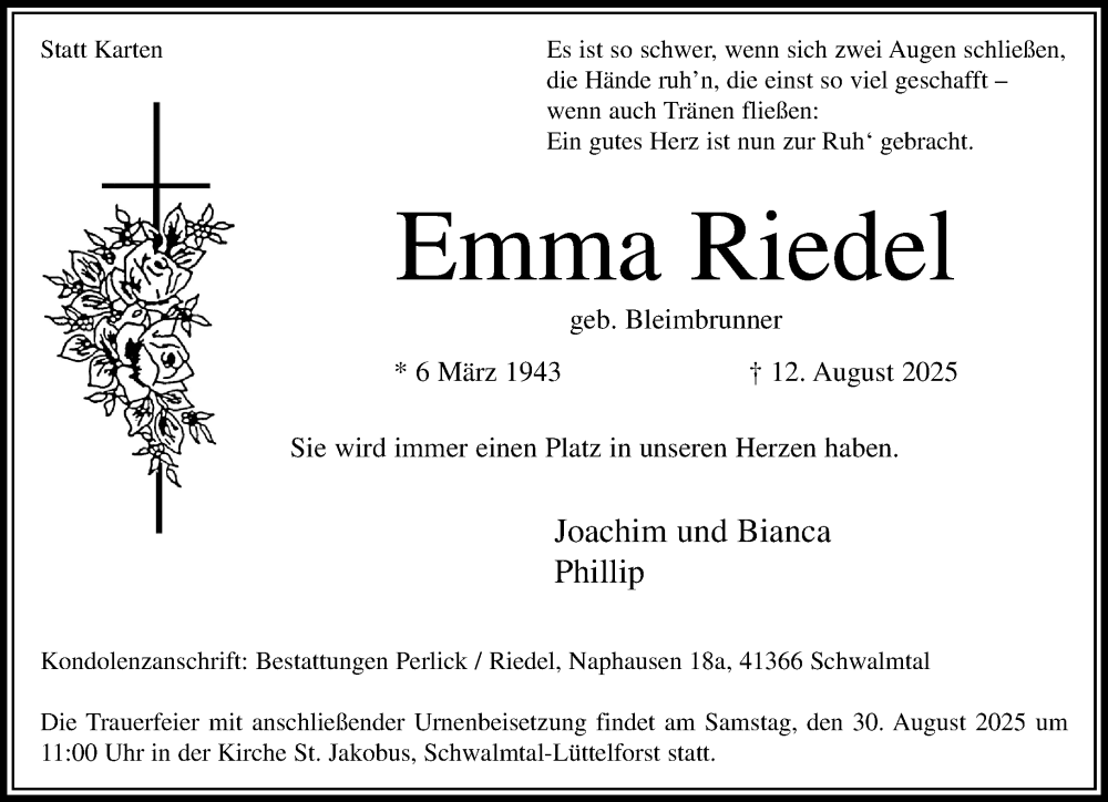  Traueranzeige für Emma Riedel vom 24.08.2025 aus trauer.extra-tipp-moenchengladbach.de
