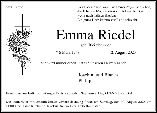 Traueranzeige von Emma Riedel von trauer.extra-tipp-moenchengladbach.de