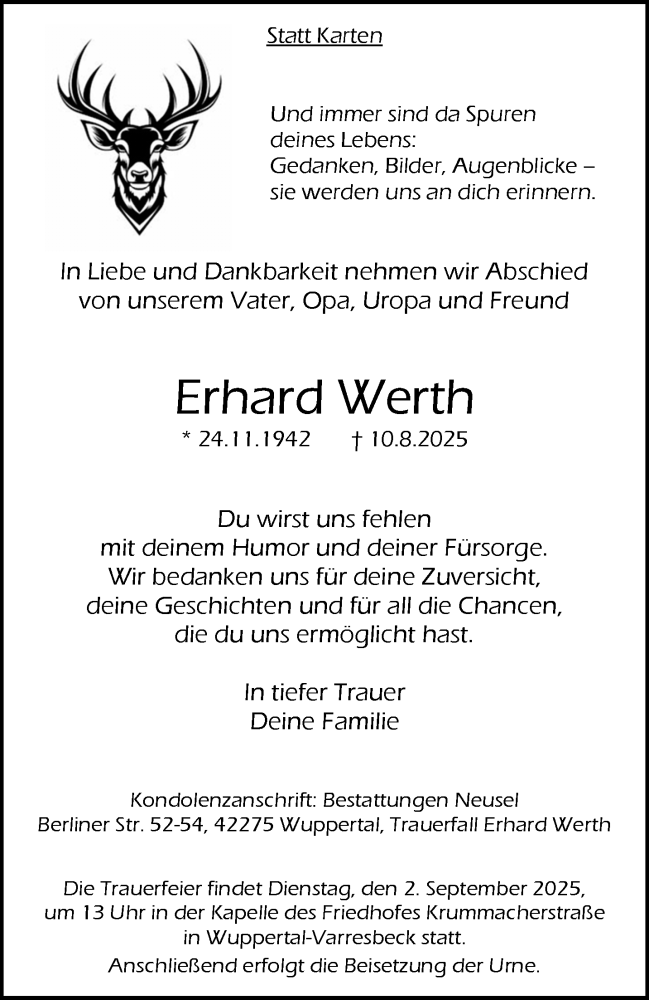  Traueranzeige für Erhard Werth vom 23.08.2025 aus trauer.wuppertaler-rundschau.de