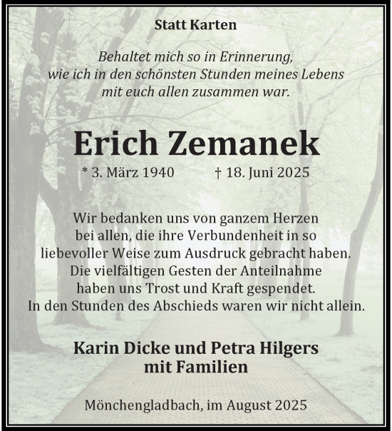 Traueranzeige von Erich Zemanek von trauer.extra-tipp-moenchengladbach.de