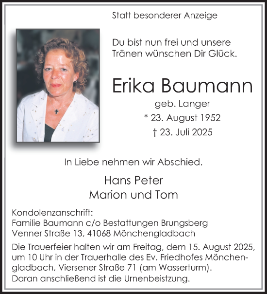Traueranzeige von Erika Baumann von trauer.extra-tipp-moenchengladbach.de
