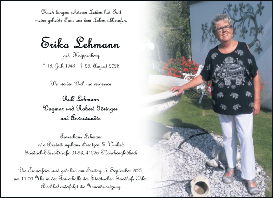 Traueranzeige von Erika Lehmann von trauer.extra-tipp-moenchengladbach.de