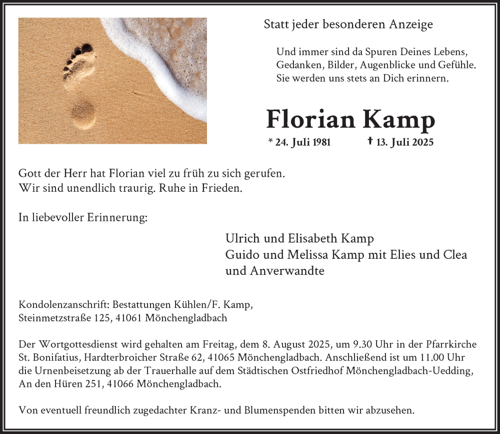  Traueranzeige für Florian Kamp vom 03.08.2025 aus trauer.extra-tipp-moenchengladbach.de