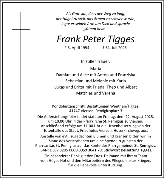 Traueranzeige von Frank Peter Tigges von trauer.extra-tipp-moenchengladbach.de