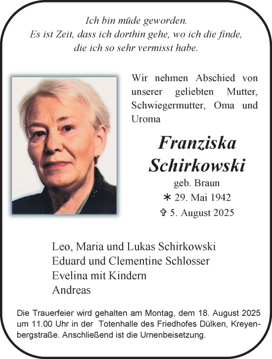 Traueranzeige von Franziska Schirkowski von trauer.extra-tipp-moenchengladbach.de