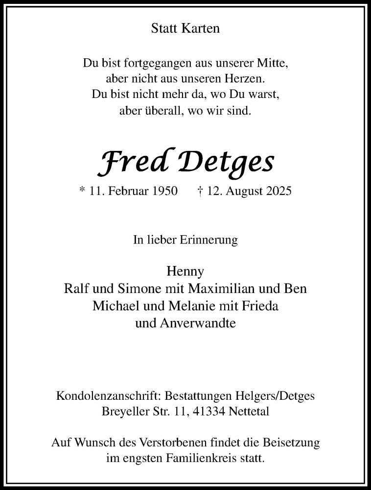  Traueranzeige für Fred Detges vom 17.08.2025 aus trauer.extra-tipp-moenchengladbach.de