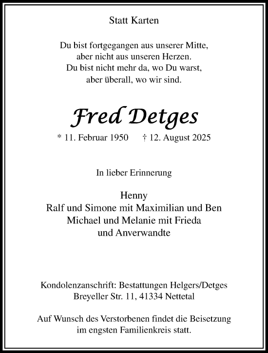 Traueranzeige von Fred Detges von trauer.extra-tipp-moenchengladbach.de