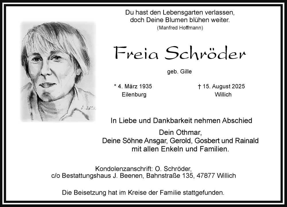  Traueranzeige für Freia Schröder vom 24.08.2025 aus trauer.extra-tipp-moenchengladbach.de