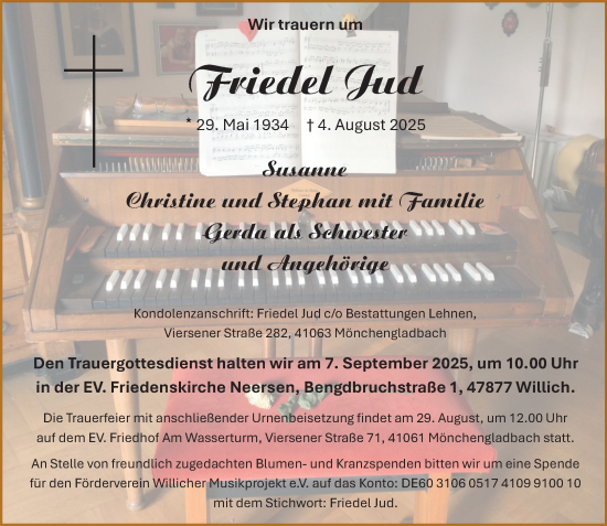 Traueranzeige von Friedel Jud von trauer.extra-tipp-moenchengladbach.de