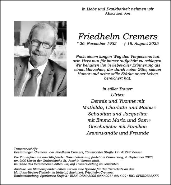 Traueranzeige von Friedhelm Cremers von trauer.extra-tipp-moenchengladbach.de