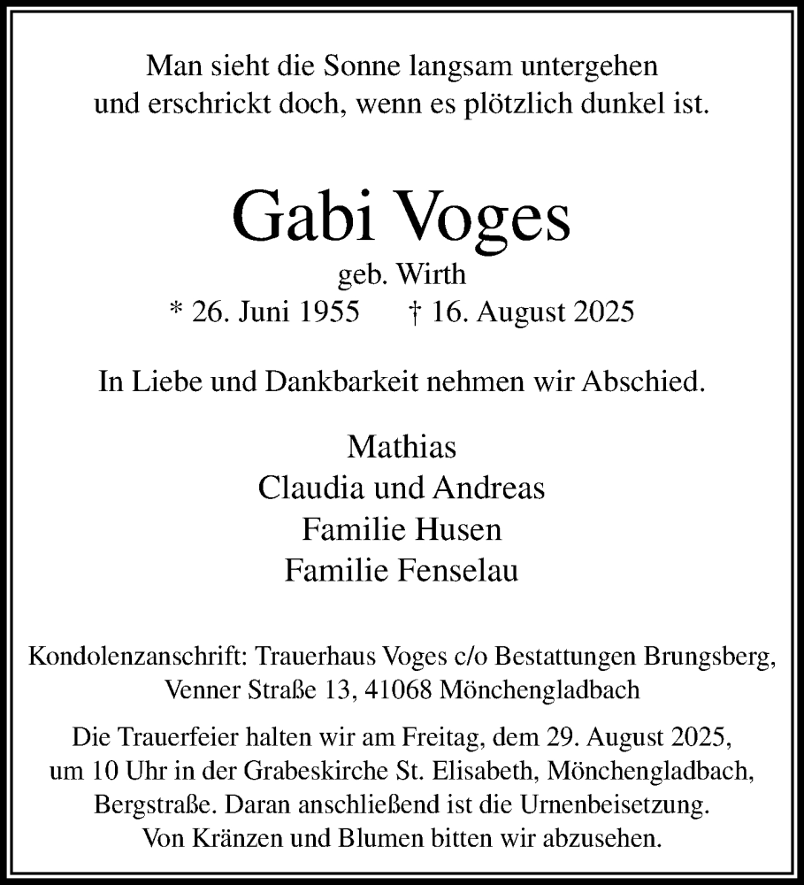  Traueranzeige für Gabi Voges vom 24.08.2025 aus trauer.extra-tipp-moenchengladbach.de