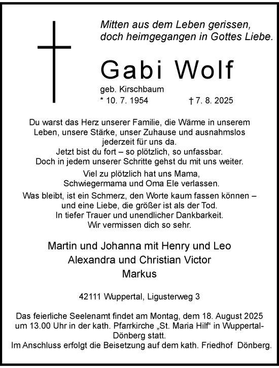 Traueranzeige von Gabi Wolf von trauer.wuppertaler-rundschau.de