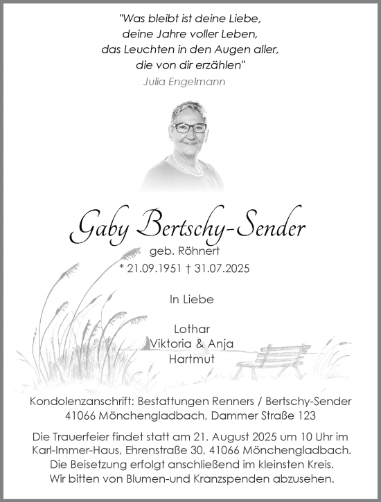 Traueranzeige von Gaby Bertschy-Sender von trauer.extra-tipp-moenchengladbach.de
