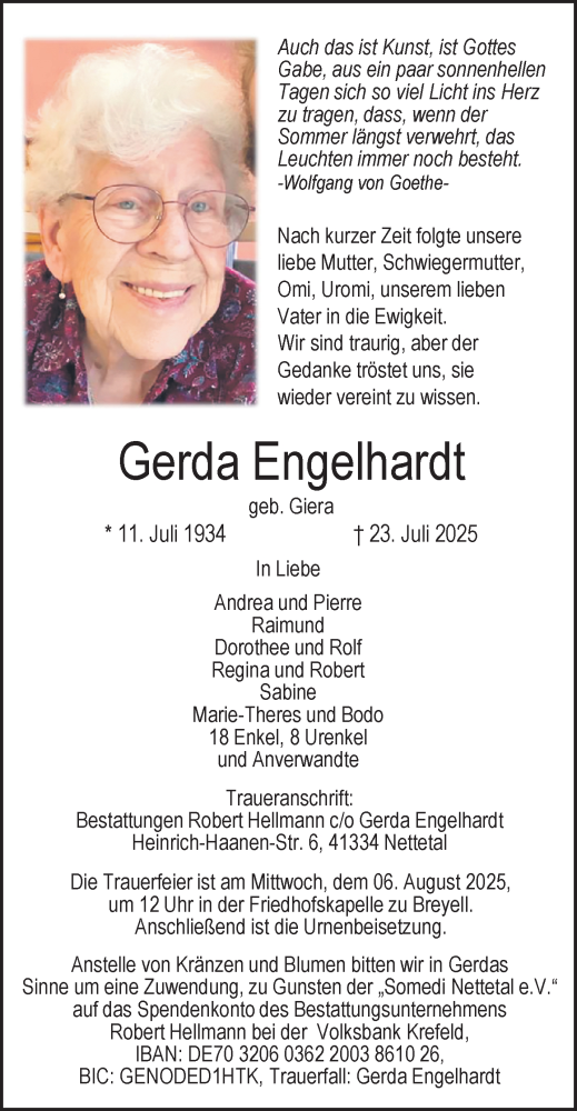 Traueranzeige von Gerda Engelhardt von trauer.extra-tipp-moenchengladbach.de