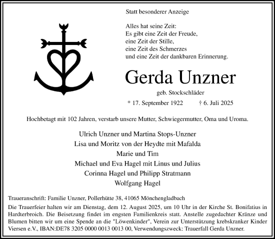 Traueranzeige von Gerda Unzner von trauer.extra-tipp-moenchengladbach.de