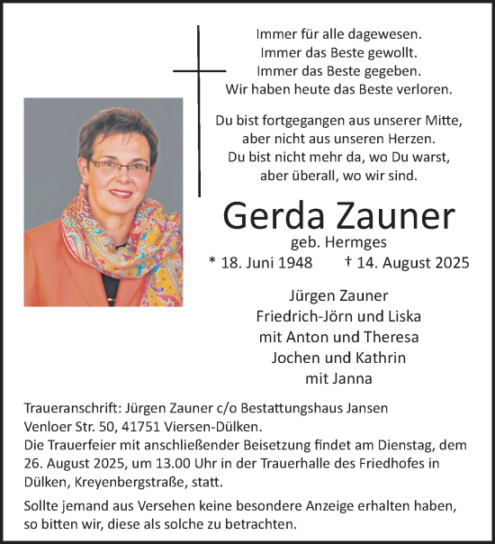 Traueranzeige von Gerda Zauner von trauer.extra-tipp-moenchengladbach.de