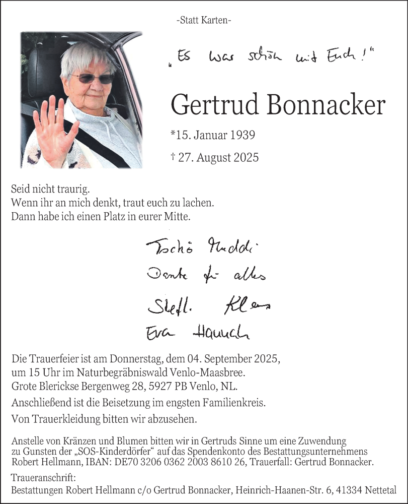  Traueranzeige für Gertrud Bonnacker vom 31.08.2025 aus trauer.extra-tipp-moenchengladbach.de