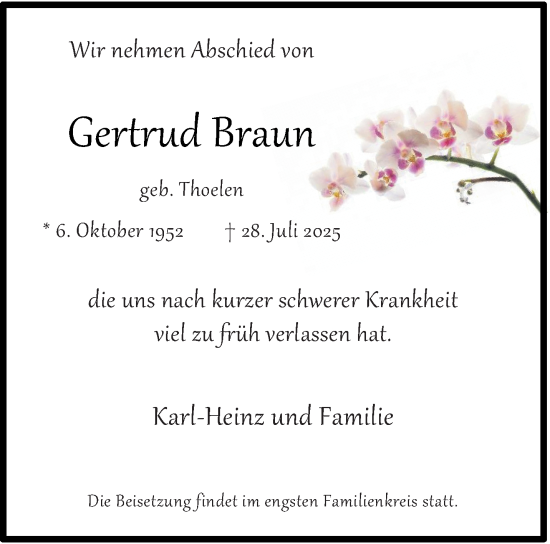 Traueranzeige von Gertrud Braun von trauer.stadt-kurier.de