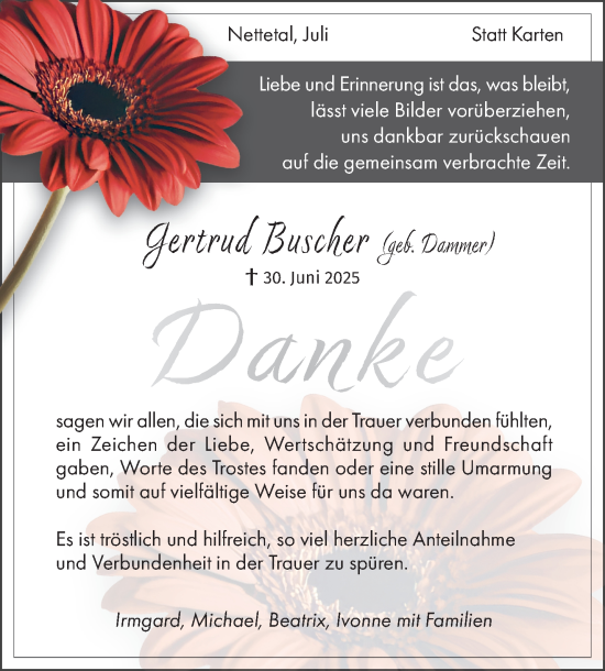 Traueranzeige von Gertrud Buscher von trauer.extra-tipp-moenchengladbach.de
