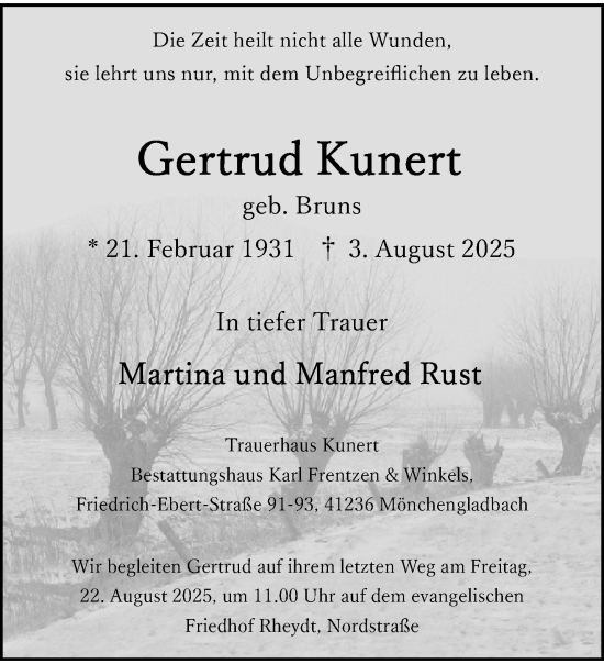 Traueranzeige von Gertrud Kunert von trauer.extra-tipp-moenchengladbach.de