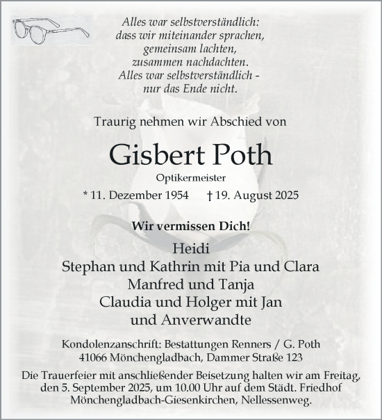 Traueranzeige von Gisbert Poth von trauer.extra-tipp-moenchengladbach.de