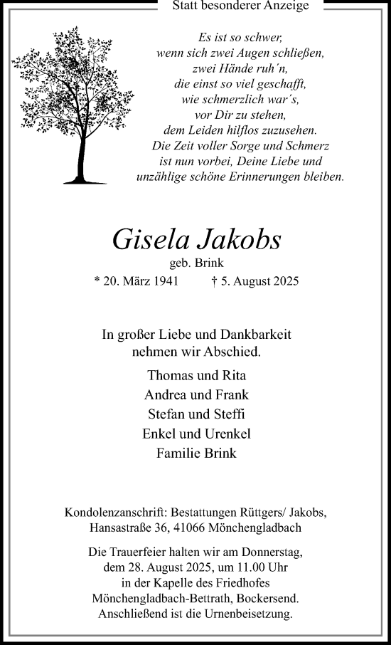 Traueranzeige von Gisela Jakobs von trauer.extra-tipp-moenchengladbach.de