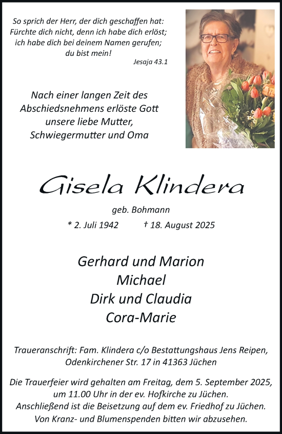 Traueranzeige von Gisela Klindera von trauer.extra-tipp-moenchengladbach.de