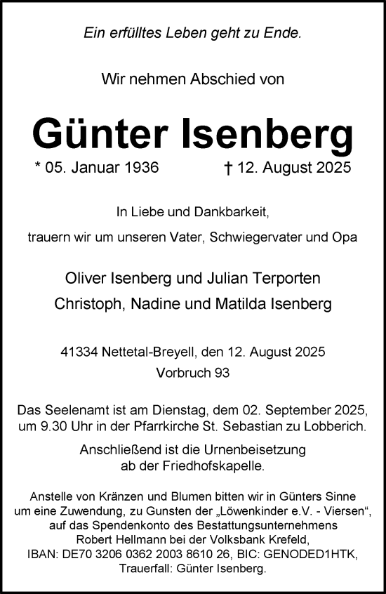 Traueranzeige von Günter Isenberg von trauer.extra-tipp-moenchengladbach.de